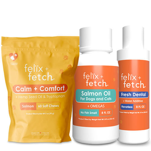 Pet Lover Bundle [Calm + Comfort Chews (For Cats), 1 Fresh Dental Formula, 1 Salmon Oil]